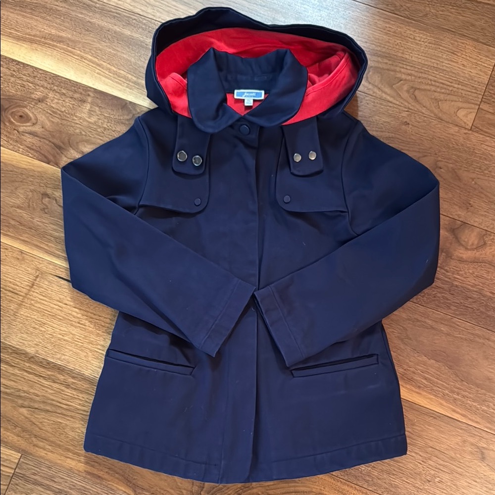 Jacadi girls navy, pleated raincoat- size 8y- zip and snap close.